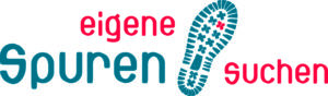 Logo Eigene Spuren suchen: Das Logo ist in Buchstaben dargestellt - in pink und türkis. rechts daneben zwei Schuhabdrücke