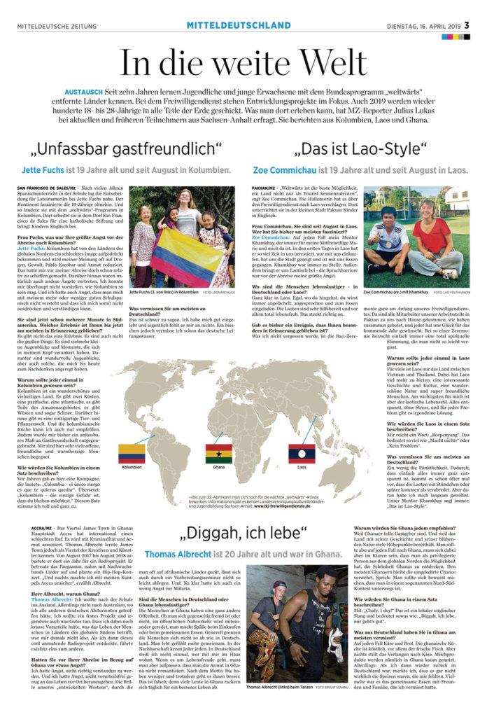 Screenshoot vom MZ-Zeitungsartikel »In die weite Welt« – Interviews mit Freiwilligen