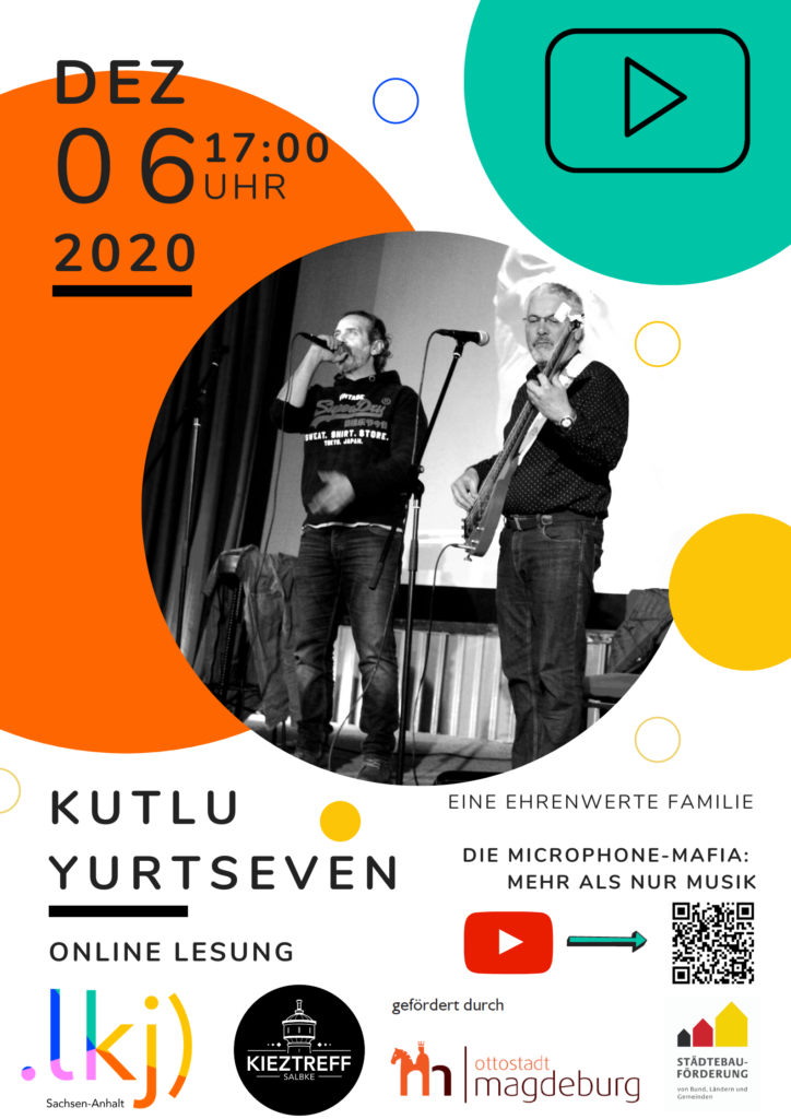 Flyer für die Online-Lesung mit Kutlu Yurtseven am 6. Dezember 2020 um 17 Uhr mit dem Buch "Eine ehrenwerte Familie: die Microphone Mafia - mehr als nur Musik"