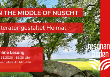Flyer für die Online Lesung "In the middle of nüsch - Literatur gestaltet Heimat" am 14. November 2020 um 19:30 Uhr.