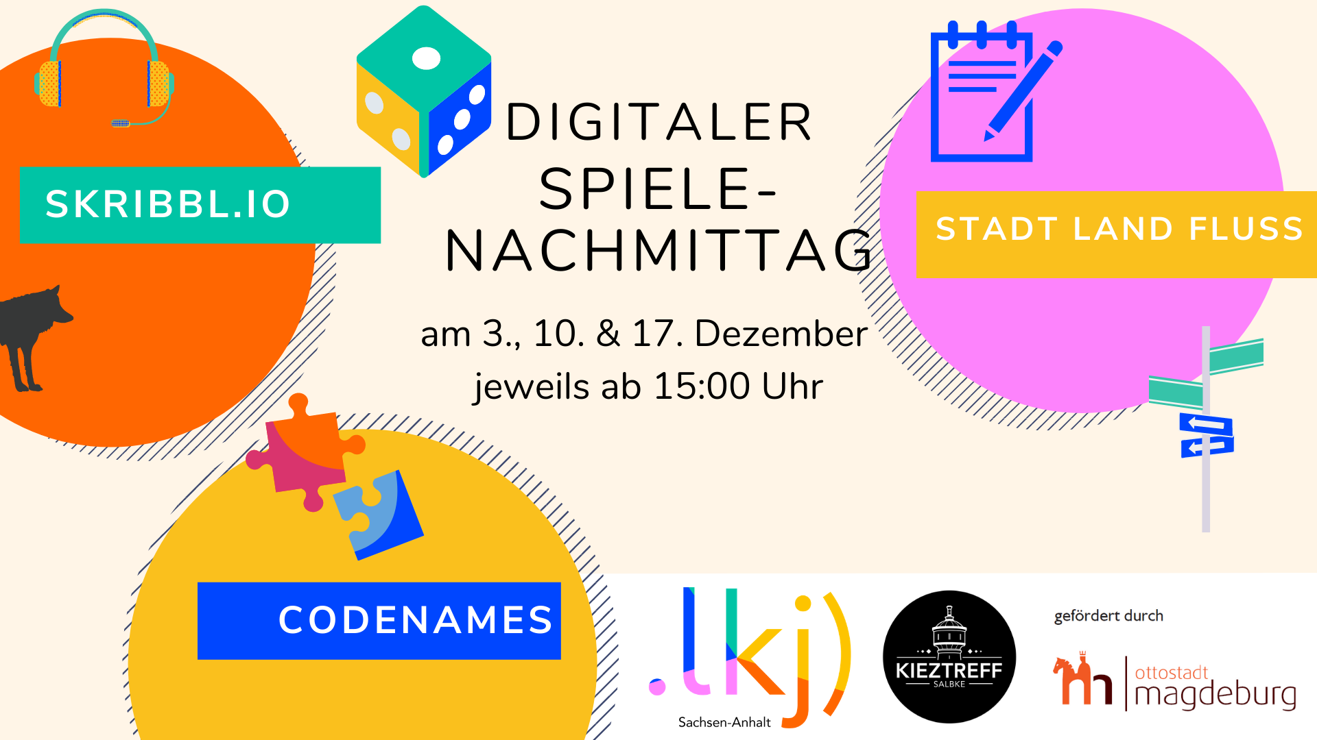 Plakat für digitale Spielenachmittage am 3., 10. und 17. Dezember 2020 jeweils ab 15 Uhr. Folgende Spiele werden gespiellt: Skribbl.io, Stadt Land Fluss und Codenames