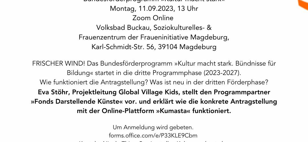Infoveranstaltung KMS Hybrid Online und Volksbad Buckau 11.09.23